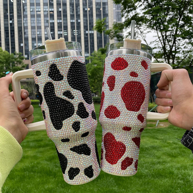 Glitter Coffee Mug with Handle, Cow Print Diamond Tumbler, Stainless Steel Water Bottle,