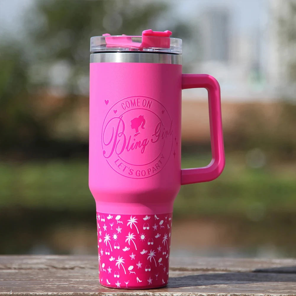 40oz Pink Tumbler with Handle and Straws Stainless Steel Water Bottle