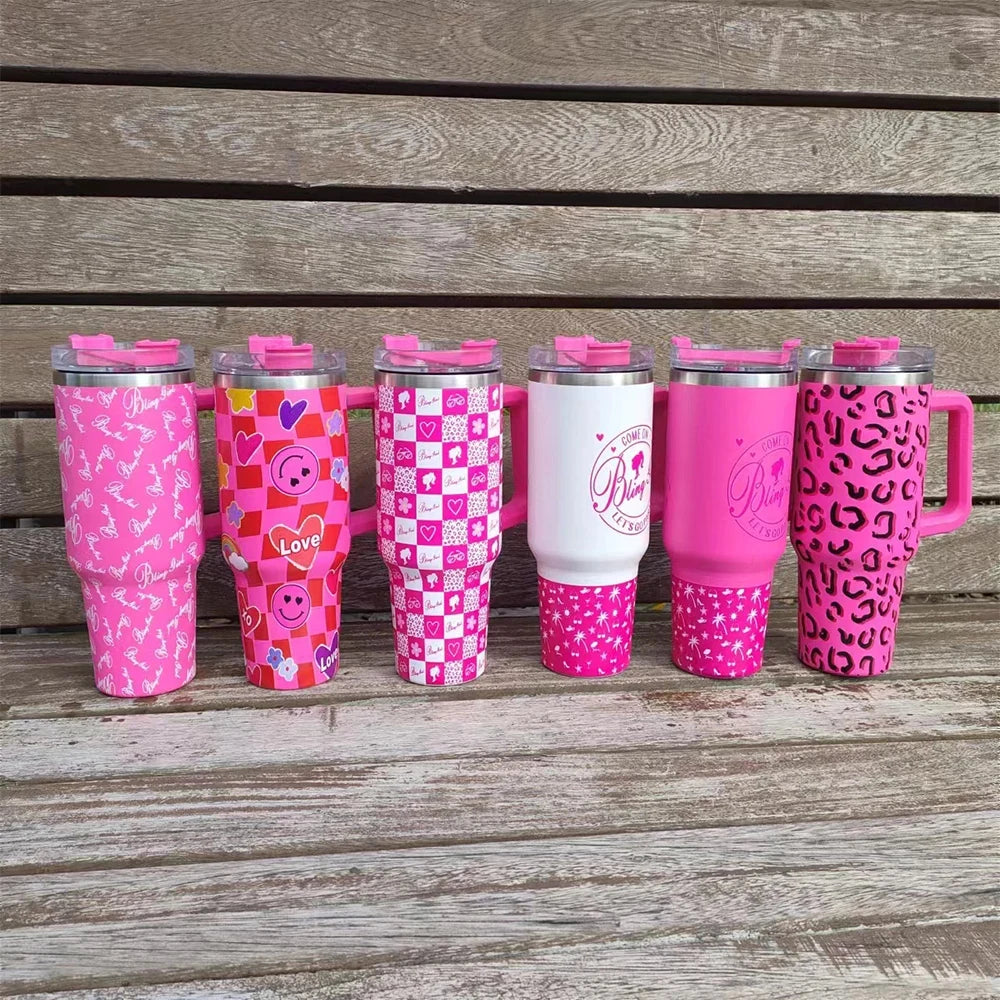 40oz Pink Tumbler with Handle and Straws Stainless Steel Water Bottle
