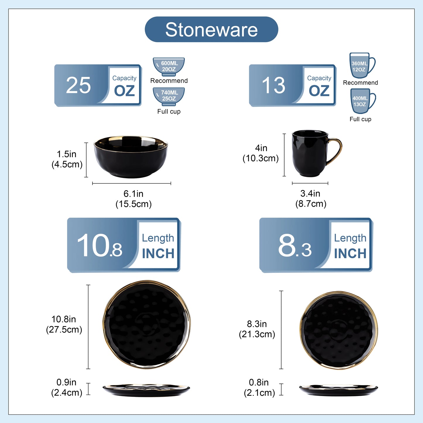 Black Porcelain Dinnerware Set with Gold Trim