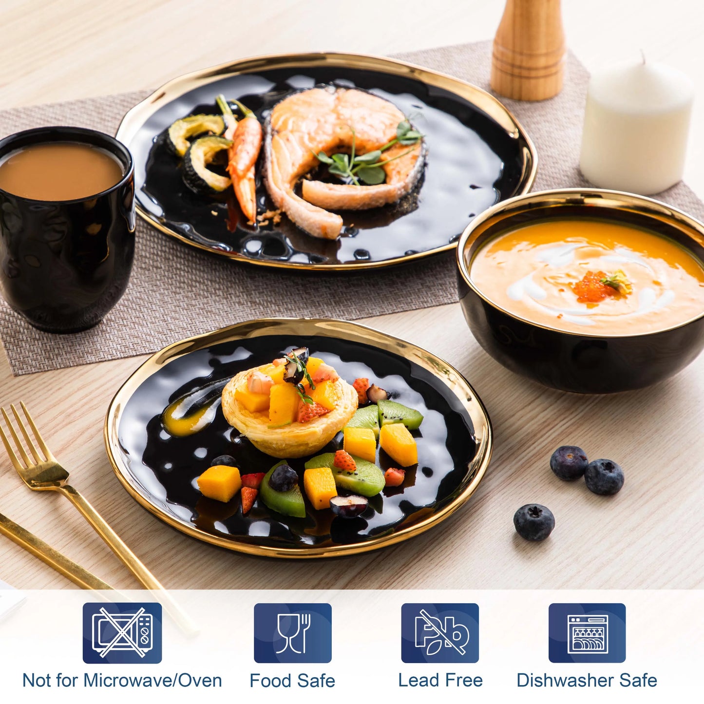 Black Porcelain Dinnerware Set with Gold Trim