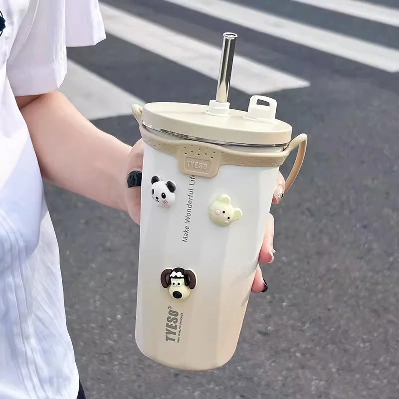 Kawaii Sainless Steel Tumbler For Coffee Car Mug Freeze Thermos Vacuum Flask Water Bottle With Straw Keep Cold Hot Cup 600ml