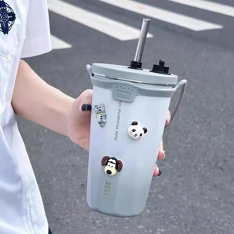 Kawaii Sainless Steel Tumbler For Coffee Car Mug Freeze Thermos Vacuum Flask Water Bottle With Straw Keep Cold Hot Cup 600ml