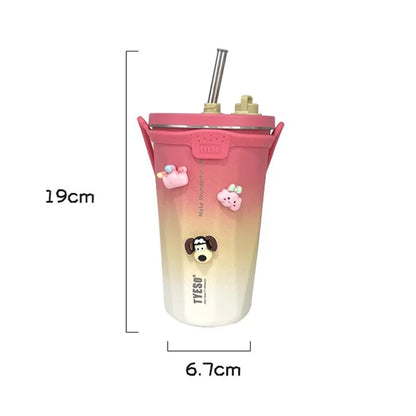 Kawaii Sainless Steel Tumbler For Coffee Car Mug Freeze Thermos Vacuum Flask Water Bottle With Straw Keep Cold Hot Cup 600ml