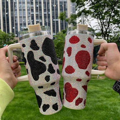 Glitter Coffee Mug with Handle, Cow Print Diamond Tumbler, Stainless Steel Water Bottle,