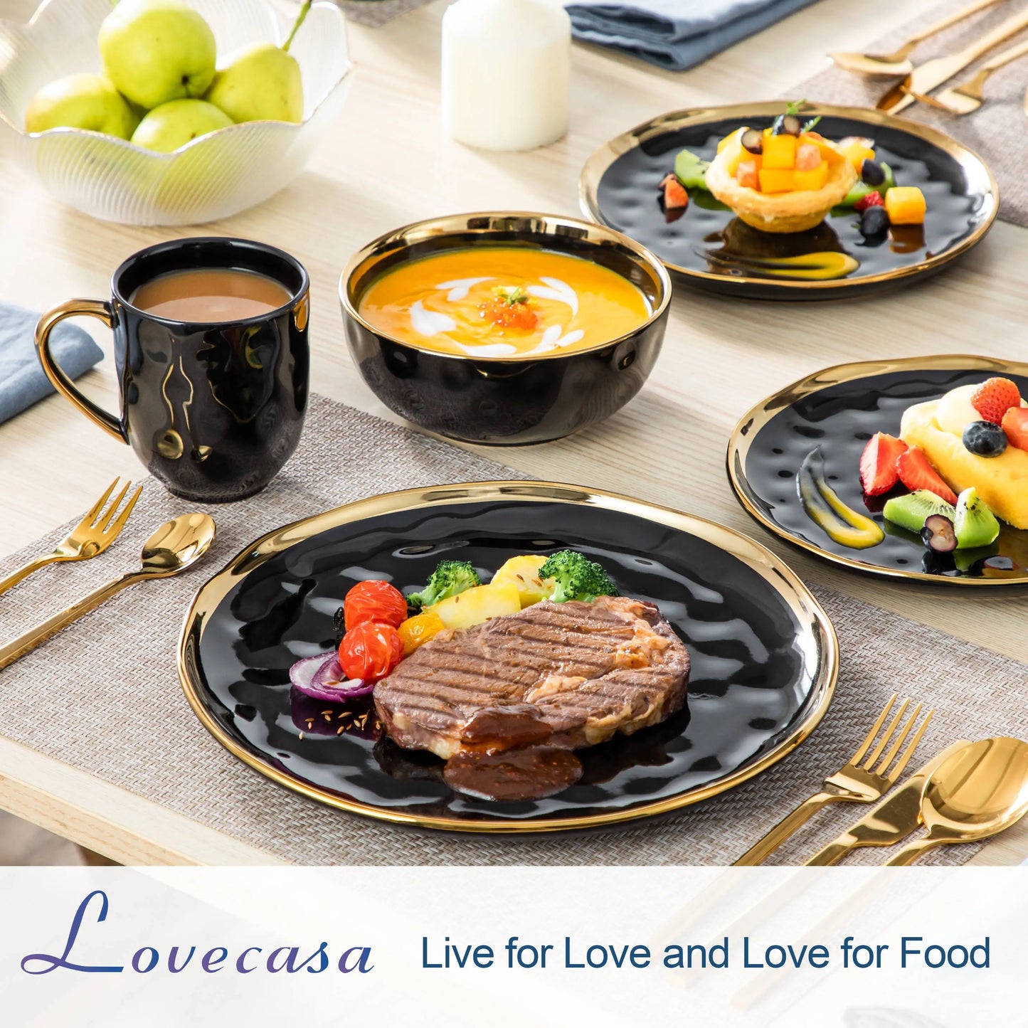 Black Porcelain Dinnerware Set with Gold Trim