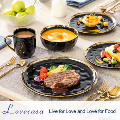 Black Porcelain Dinnerware Set with Gold Trim