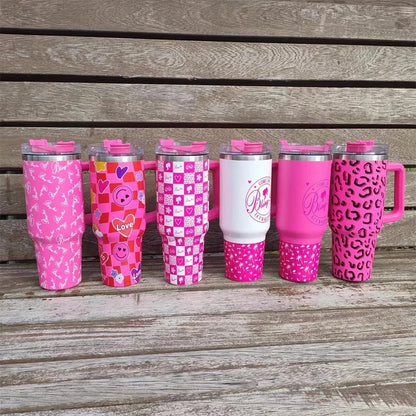 40oz Pink Tumbler with Handle and Straws Stainless Steel Water Bottle