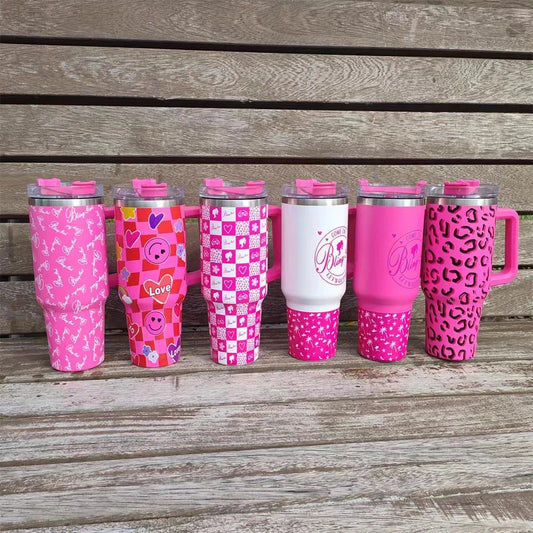 40oz Pink Tumbler with Handle and Straws Stainless Steel Water Bottle