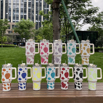 Glitter Coffee Mug with Handle, Cow Print Diamond Tumbler, Stainless Steel Water Bottle,