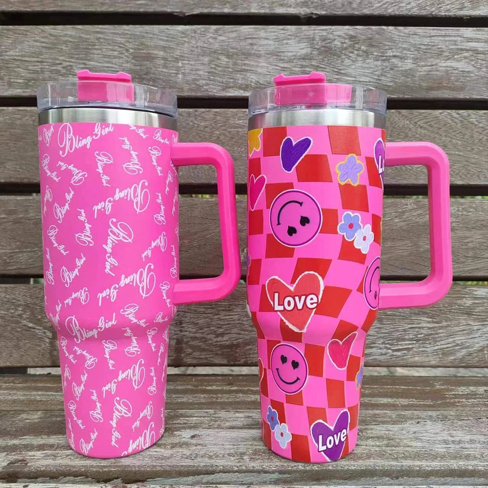 40oz Pink Tumbler with Handle and Straws Stainless Steel Water Bottle