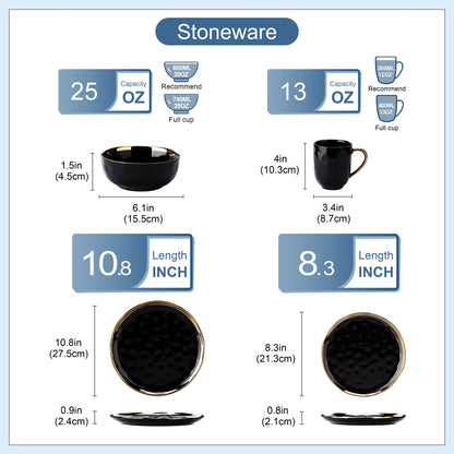 Black Porcelain Dinnerware Set with Gold Trim