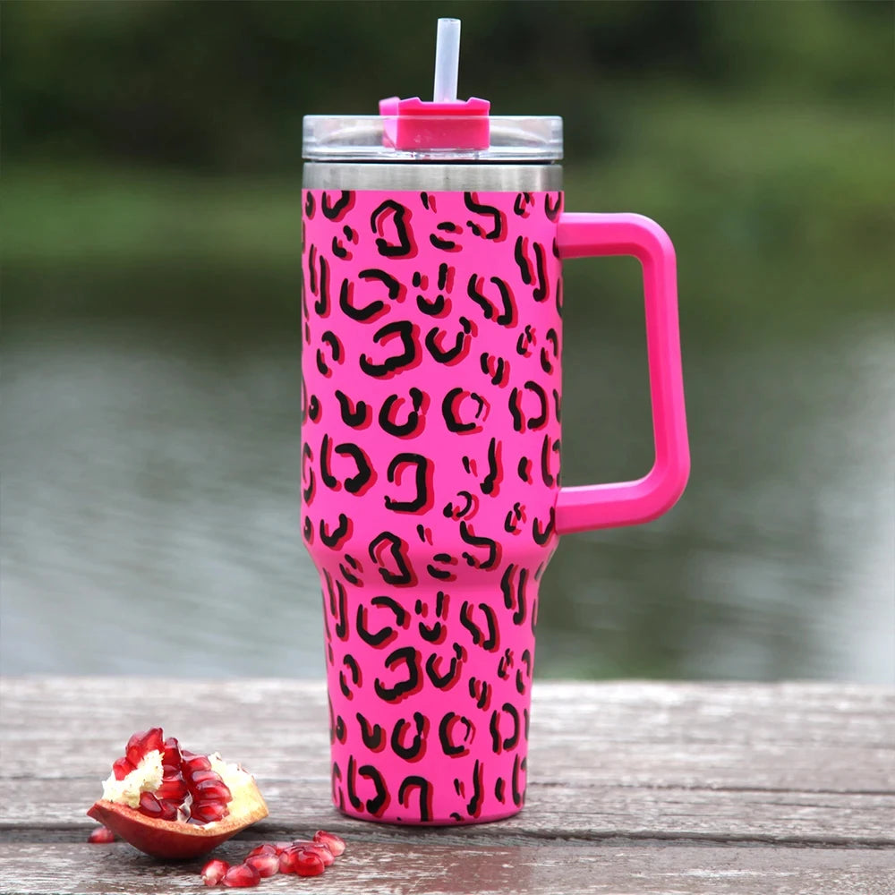 40oz Pink Tumbler with Handle and Straws Stainless Steel Water Bottle
