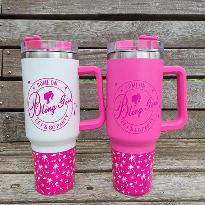 40oz Pink Tumbler with Handle and Straws Stainless Steel Water Bottle