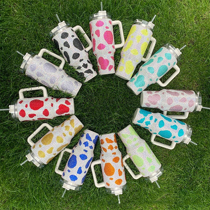 Glitter Coffee Mug with Handle, Cow Print Diamond Tumbler, Stainless Steel Water Bottle,