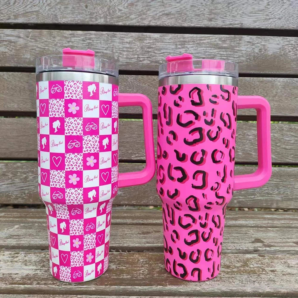 40oz Pink Tumbler with Handle and Straws Stainless Steel Water Bottle