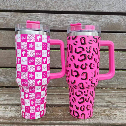 40oz Pink Tumbler with Handle and Straws Stainless Steel Water Bottle